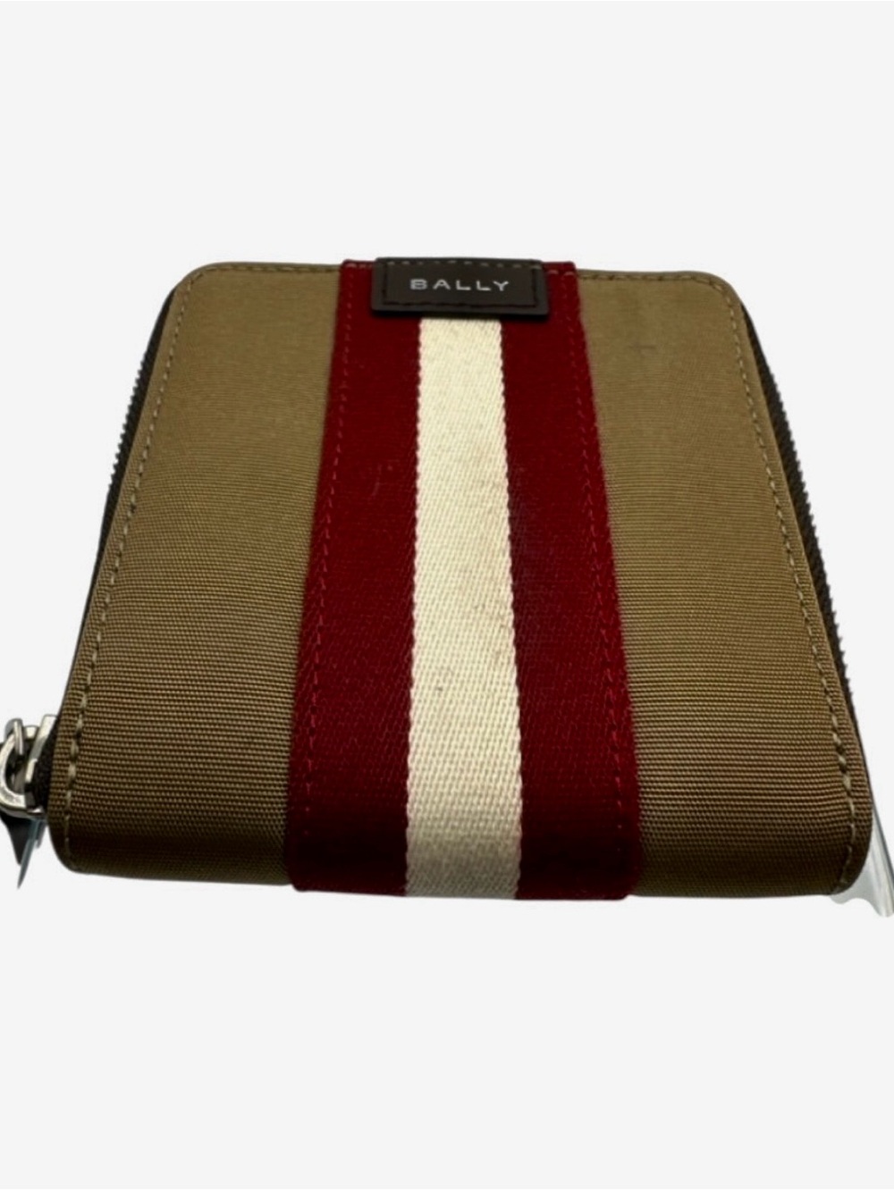 Bally Olive Green Zip Wallet with Red and White Center Stripe